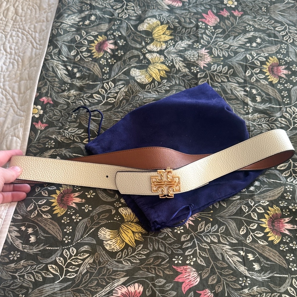 Tory Burch Ivory Leather Belt with Gold Logo